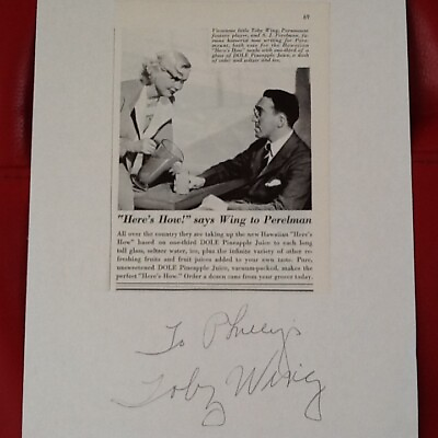 #ad Toby Wing Signed Paper with Ad Blonde 30s Actress 42nd Street Adorable Sexy