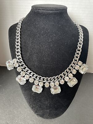 #ad Express Statement Crystal Silver Tone Chunky Necklace 20”