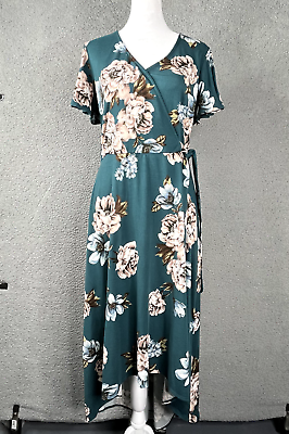 #ad BCX Womens Large High Low Flutter Sleeve Floral Belted Stretchy Dress Green