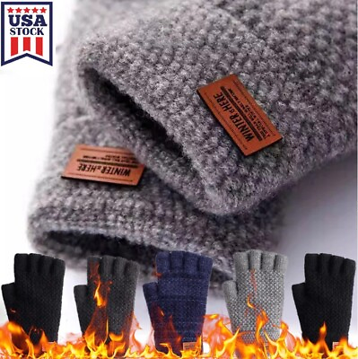 #ad Men#x27;s Winter Wool Fingerless Gloves Thermal Knitted Half Finger Mitten Gift US