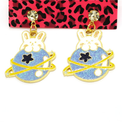 #ad Hot Blue Enamel Cute Planet Rabbit Crystal Fashion Women Stand Jewelry Earrings