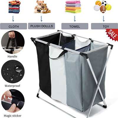 #ad Laundry Cloth Hamper Home Basket Bag Bin Foldable 3 Sections Storage Organizer