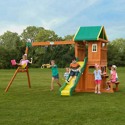 #ad Wooden Swing Set Outdoor Backyard Raised Cedar Wood Fort Slide Playground Kids