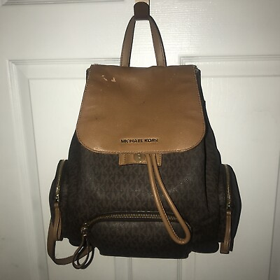 #ad Michael Kors BROWN ACORN Abbey Leather Adjustable Strap Cargo Backpack READ