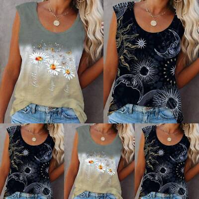 #ad Womens Sleeveless Floral T Shirts Tank Vest Tops Casual Ladies Summer Blouse Tee