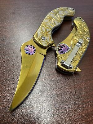 #ad 7.5quot; Gold Leaf Design Spring Assisted Open Blade EDC Folding Pocket Knife
