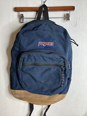 #ad Vintage 90’s Jansport Leather Suede Bottom Backpack Navy School Book bag Blue