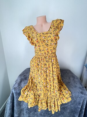 #ad Matilda Jane Sun Dress S Small Yellow Ditsy Floral Flutter Sleeve Tiered V Neck