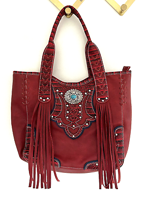 #ad Cowgirl Trendy Handbag Red Western Fringe Silver Studded Turquoise Embellishment