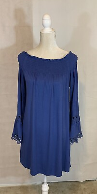 #ad Lapis Blue Size Large Ladies Long Sleeve Pullover Dress 96% Rayon and 4% Spandex