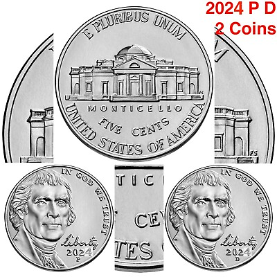 #ad 2024 P D Jefferson Nickel US Mint Uncirculated From PD BANK ROLLS Nickle 2 Set