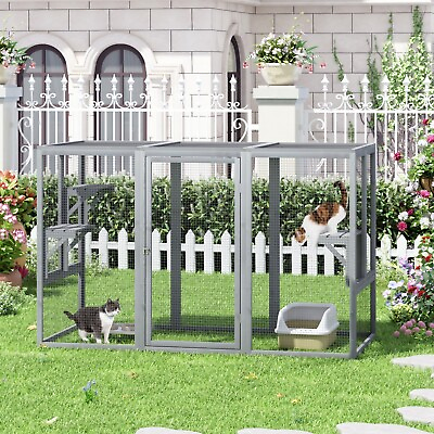#ad 43.5quot;H Large Wooden Cat Enclosure Catio Cage Cat Run House Outdoor w 3 Platforms