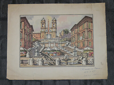 #ad Trinita dei Monti Spanische Treppe Rom Antiker signierter Kunstdruck 1957