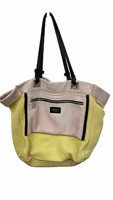 #ad Furla Light Lime Green And Beige Black Large Leather Shopping Tote Made In Italy