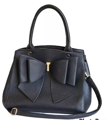#ad Crossi Womens Elegant Bow Black Leather Satchel Purse Shoulder Hand Bag