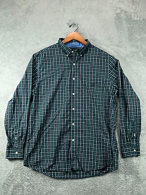 #ad Mens Shirts Large Button Up Chaps Easy Care Green Blue Check Long Sleeve