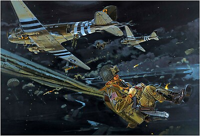 #ad WW2 US Army Paratrooper Parachutist Landing Poster Print