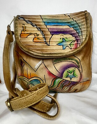 #ad Vintage 80’s Sam Sam Hand Painted Leather Cross Body Bag Purse Colorful Unique