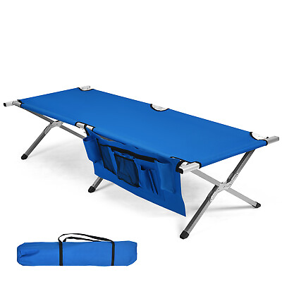 #ad Foldable Camping Cot W Carrying Bag amp; Large Storage Organizer Load 450 LBS Blue