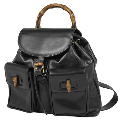 #ad 27 Gucci Bamboo Rucksack Backpack Old 00320580016 Leather Black Ladies Used