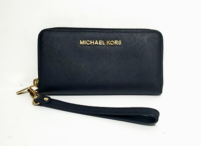 #ad New MK Michael Kors Small Wristlet Wallet Black Saffiano Leather Gold Hardware