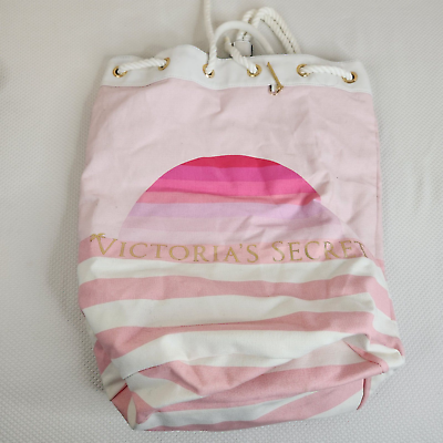 #ad Victoria’s Secret Pink White Stripe Beach Bucket Bag Backpack Canvas