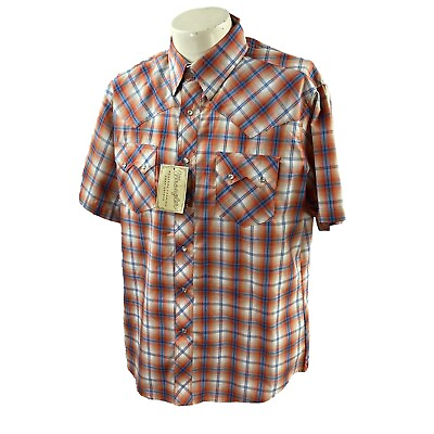 #ad NWT Wrangler Men#x27;s Pearl Snap Short Sleeve Orange Plaid Western Shirt Large