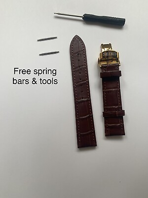 #ad SEIKO Leather Brown Strap 20mm With Gold Colour Butterfly Deployment Clasp