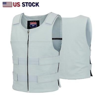 #ad WHITE Men Bullet Proof style Leather Motorcycle Vest bikers Tactical #11643WHITE