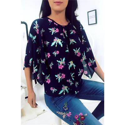 #ad Sweet Ladies Chiffon Blouse Shirt with Floral Pattern Navy #S1123
