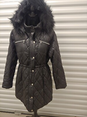 #ad Black Hooded Quilted Parka with Detachable Faux Fur Hood Size Medium