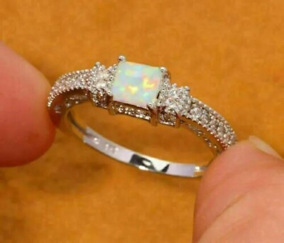 #ad 2Ct Princess Genuine Fire Opal Solitaire Engagement Ring 14K White Gold Plated