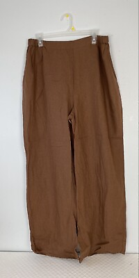#ad FLAX 100% Linen Womens Pull On Pants Brown Wide Leg Lagenlook Size Large