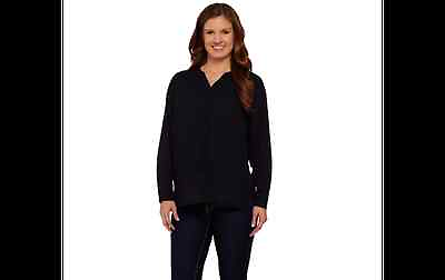 #ad Susan Graver Feather Weave Y neck Button Front Shirt w Lace Trim Black Plus 22 J