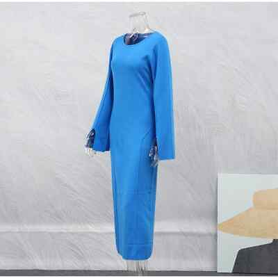 #ad Blue patchwork women#x27;s knitted dress O neck split long sleeved slim fit dress