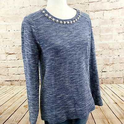 #ad J Crew Womens Rhinestone Woven Terry Pullover Top Size S Blue