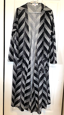 #ad LulaRoe Long Cardigan Kimono Open Front Pockets Geometric Prints Blk Gray SZ L
