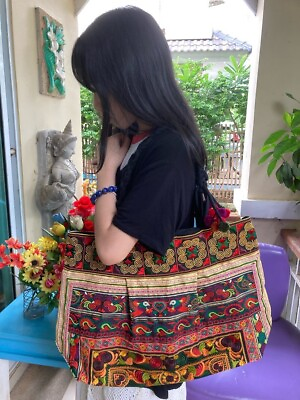 #ad Vintage Hmong Shoulder Embroidery Bag Tradition Fork Hill Tribe Thai style002