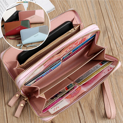 Double Zipper Long Clutch Phone Wallet for Women with Removable Wristlet Strap