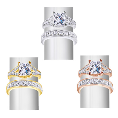 #ad Sterling Silver 14k White Gold Princess Diamond cut Engagement Ring Wedding Set
