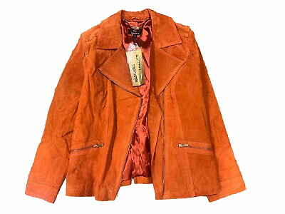 #ad Dennis Basso Burnt Orange Rust Genuine Leather Suede Moto Zip Jacket Coat