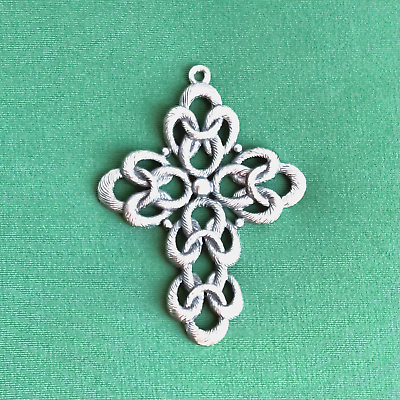 #ad Vintage Sarah Coventry Large Cross Pendant Silver Tone Textured Open Work Signed