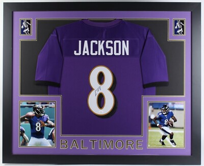#ad Lamar Jackson Signed 35x43 Custom Framed Ravens Jersey JSA COA