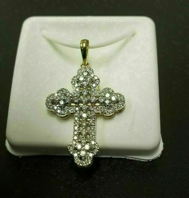 #ad 2.00Ct Round simulated Diamond Cross Charm Pendant 14K Yellow Gold Plated Chain