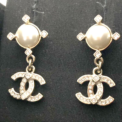 #ad CHANEL CC Logos Rhinestone Pearl Dangle Stud Earrings Gold Tone B21A Auth w Box