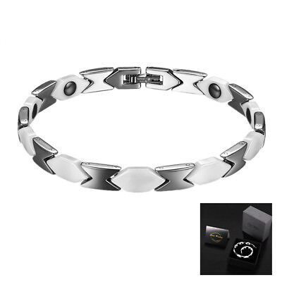 #ad 6mm Women Black Stainless Steel White Ceramic Magnetic Stone Golf Bracelet 8quot;