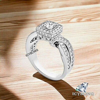#ad 1.60ct Princess Genuine Moissanite 14k White Gold Finish Engagement Wedding Ring