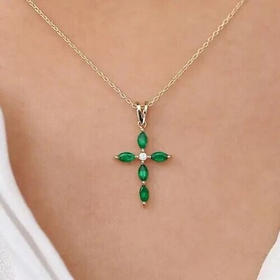 #ad Simulated Green Emerald Marquise Cut Womens Cross Pendant 14K Yellow Gold Plated