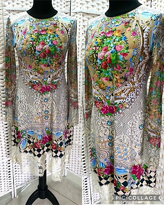 #ad Michal Negrin Beautiful Coloring Floral With Lace Dress Size L