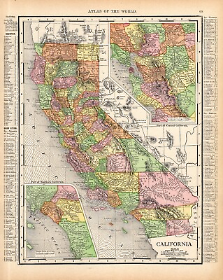 #ad 1912 Antique California State Map Vintage Atlas Map California Wall Decor 1589
